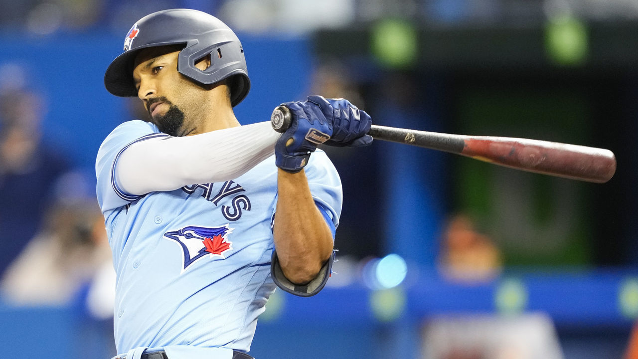 TORONTO, ONTARIO - OCTOBER 3: Marcus Semien #10 of the Toronto Blue Jays swings against the Baltimore Orioles in the first inning during their MLB game at the Rogers Centre on October 3, 2021 in Toronto, Ontario, Canada.