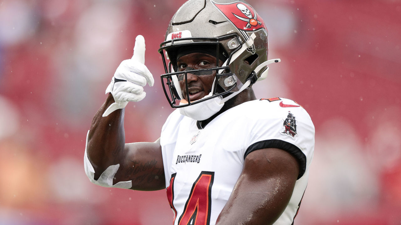 TAMPA, FLORIDA - OCTOBER 24: Chris Godwin #14 of the Tampa Bay Buccaneers reacts prior to the game against the Chicago Bears at Raymond James Stadium on October 24, 2021 in Tampa, Florida.