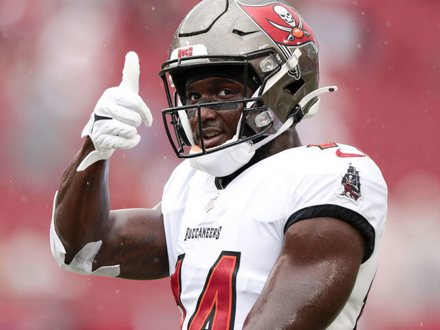 TAMPA, FLORIDA - OCTOBER 24: Chris Godwin #14 of the Tampa Bay Buccaneers reacts prior to the game against the Chicago Bears at Raymond James Stadium on October 24, 2021 in Tampa, Florida.