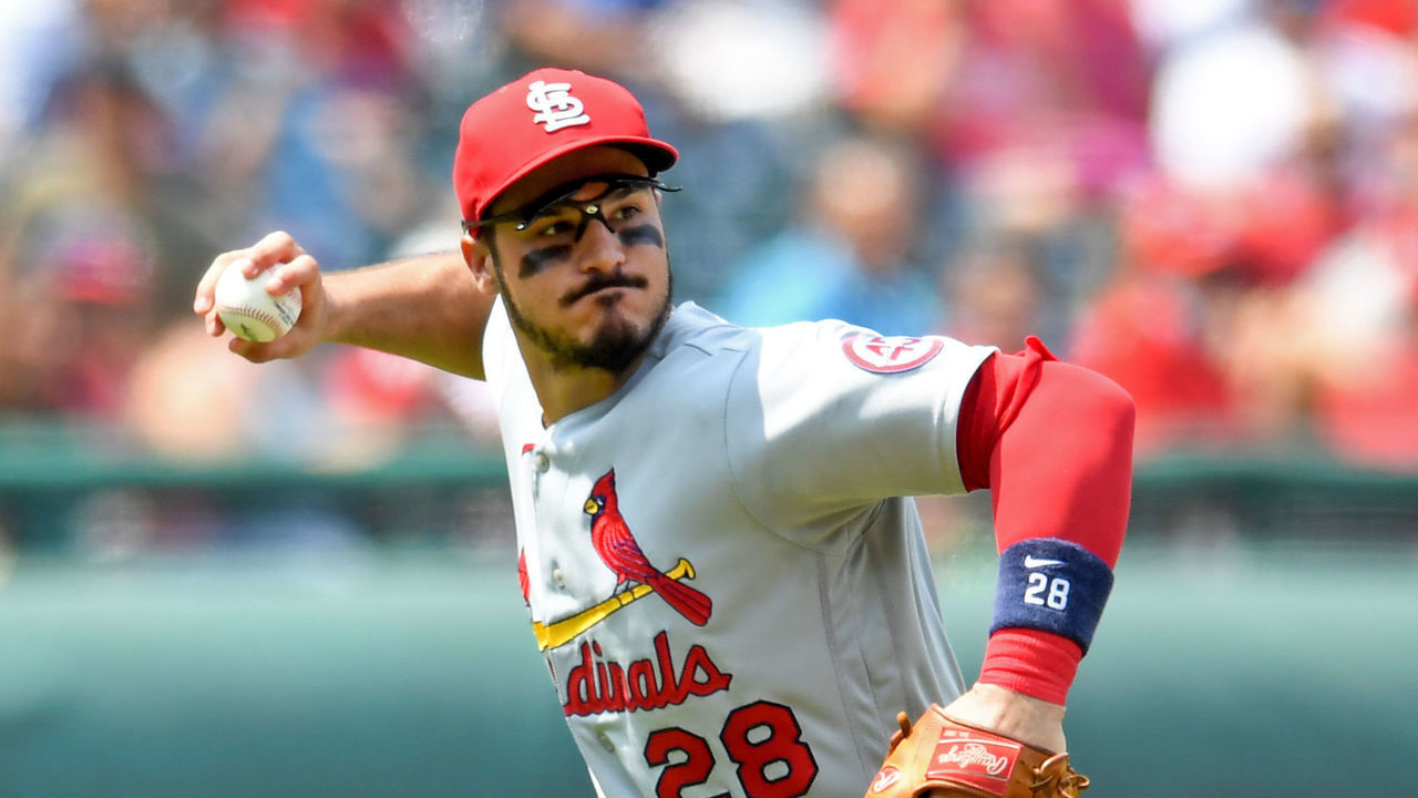 CLEVELAND, OH - JULY 28, 2021: Nolan Arenado #28 of the St. Louis Cardinals throws out Ernie Clement #28 of the Cleveland Indians at first base in the fourth inning at Progressive Field on July 28, 2021 in Cleveland, Ohio.
