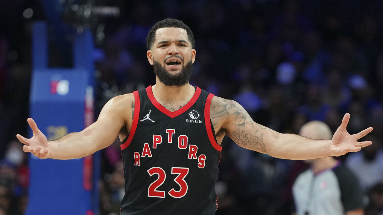 PHILADELPHIA, PA - NOVEMBER 11: Fred VanVleet #23 of the Toronto Raptors reacts against the Philadelphia 76ers in the first half at the Wells Fargo Center on November 11, 2021 in Philadelphia, Pennsylvania. The Raptors defeated the 76ers 115-109.