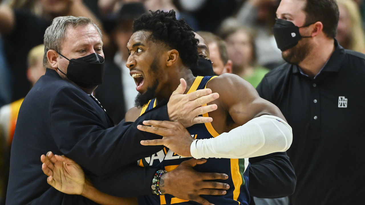 SALT LAKE CITY, UTAH - NOVEMBER 11: Donovan Mitchell #45 of the Utah Jazz reacts in an on-court conflict during a game against the Indiana Pacers at Vivint Smart Home Arena on November 11, 2021 in Salt Lake City, Utah.