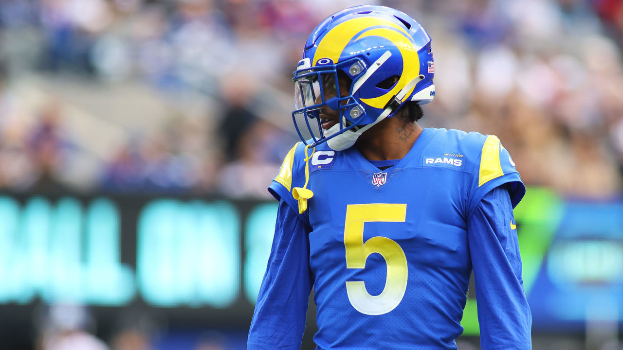 EAST RUTHERFORD, NEW JERSEY - OCTOBER 17: (NEW YORK DAILIES OUT) Jalen Ramsey #5 of the Los Angeles Rams in action against the New York Giants at MetLife Stadium on October 17, 2021 in East Rutherford, New Jersey. Los Angeles Rams defeated the New York Giants 38-11.