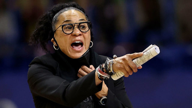 SAN ANTONIO, TEXAS - APRIL 02: Head coach Dawn Staley of the South Carolina Gamecocks directs her team against the Stanford Cardinal in the Final Four semifinal game of the 2021 NCAA Women's Basketball Tournament at the Alamodome on April 02, 2021 in San Antonio, Texas.
