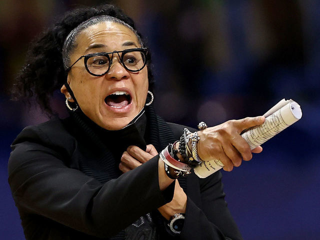 SAN ANTONIO, TEXAS - APRIL 02: Head coach Dawn Staley of the South Carolina Gamecocks directs her team against the Stanford Cardinal in the Final Four semifinal game of the 2021 NCAA Women's Basketball Tournament at the Alamodome on April 02, 2021 in San Antonio, Texas.
