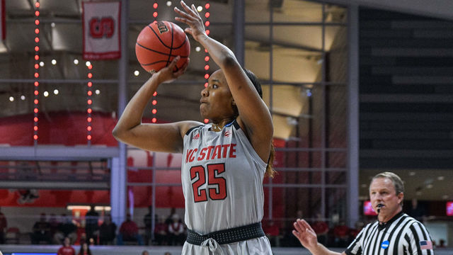 RALEIGH, NC - MARCH 25: NC State Wolfpack forward Kayla Jones (25) shoots the 3-pointer during the 2019 Div 1 Championship - Second Round college basketball game between the Kentucky Wildcats and the NC State Wolfpack on March 25, 2019 at Reynolds Coliseum in Raleigh, NC.