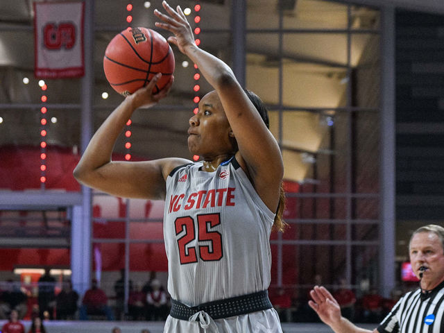 RALEIGH, NC - MARCH 25: NC State Wolfpack forward Kayla Jones (25) shoots the 3-pointer during the 2019 Div 1 Championship - Second Round college basketball game between the Kentucky Wildcats and the NC State Wolfpack on March 25, 2019 at Reynolds Coliseum in Raleigh, NC.