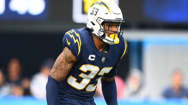 INGLEWOOD, CA - OCTOBER 31: Los Angeles Chargers Safety Derwin James (33) looks on during the NFL game between the New England Patriots and the Los Angeles Chargers on October 31, 2021, at SoFi Stadium in Inglewood, CA.