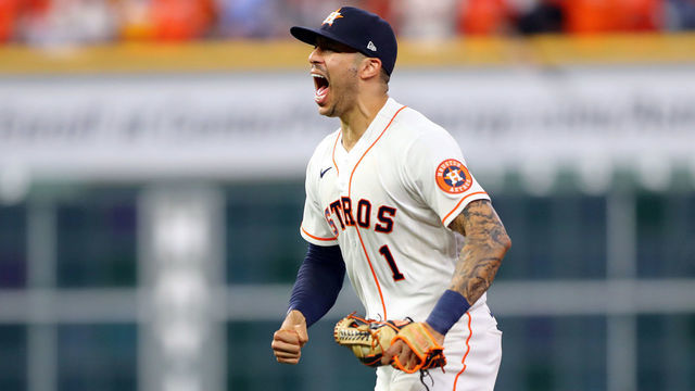 HOUSTON, TX - OCTOBER 22: Carlos Correa #1 of the Houston Astros reacts after Alex Verdugo #99 of the Boston Red Sox is caught stealing second base to end the seventh inning during Game 6 of the ALCS between the Boston Red Sox and the Houston Astros at Minute Maid Park on Friday, October 22, 2021 in Houston, Texas.