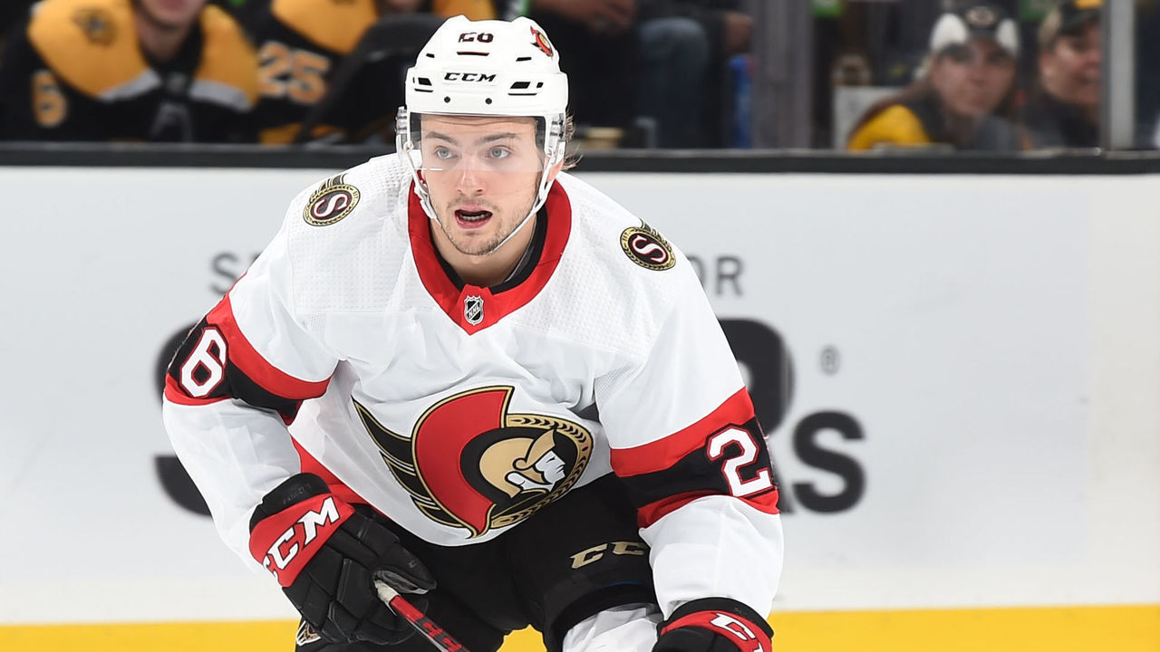 BOSTON, MA - NOVEMBER 9: Erik Brannstrom #26 of the Ottawa Senators skates against the Boston Bruins at the TD Garden on November 9, 2021 in Boston, Massachusetts.
