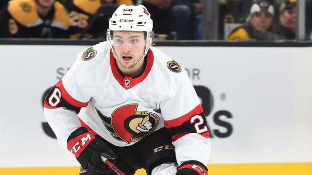 BOSTON, MA - NOVEMBER 9: Erik Brannstrom #26 of the Ottawa Senators skates against the Boston Bruins at the TD Garden on November 9, 2021 in Boston, Massachusetts.