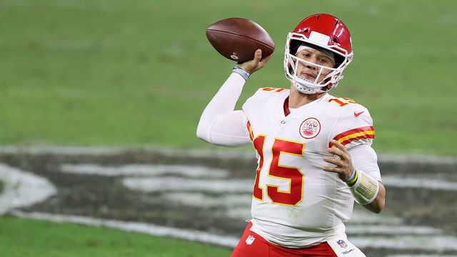 LAS VEGAS, NEVADA - NOVEMBER 22: Quarterback Patrick Mahomes #15 of the Kansas City Chiefs throws a pass during the NFL game against the Las Vegas Raiders at Allegiant Stadium on November 22, 2020 in Las Vegas, Nevada. The Chiefs defeated the Raiders 35-31.