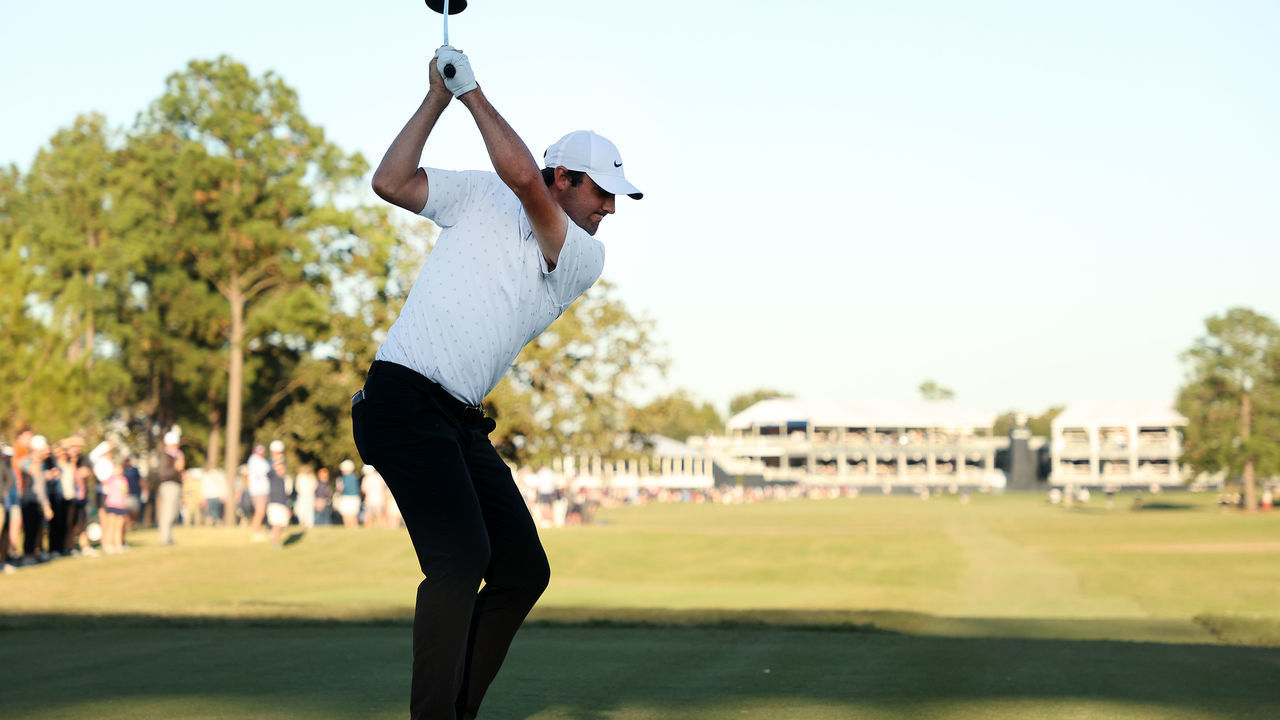 HOUSTON, TEXAS - NOVEMBER 13: Scottie Scheffler plays his shot from the 18th tee during the third round of the Hewlett Packard Enterprise Houston Open at Memorial Park Golf Course on November 13, 2021 in Houston, Texas.