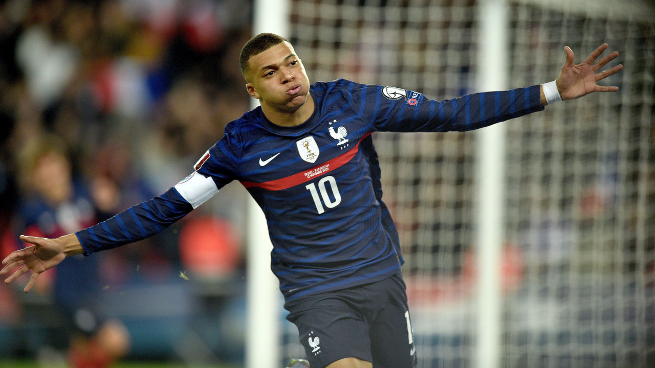 PARIS, FRANCE - NOVEMBER 13: Kylian Mbappe of France during the 2022 FIFA World Cup Qualifier match between France and Kazakhstan at Stade de France on November 13, 2021 in Paris.