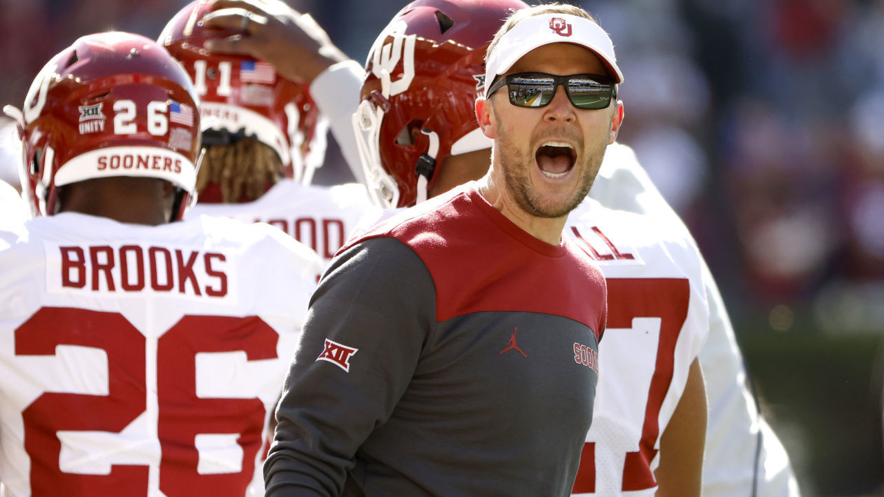 WACO, TX - NOVEMBER 13: Head coach Lincoln Riley of the Oklahoma Sooners reacts after the Sooners scored a touchdown against the Baylor Bears in the first half at McLane Stadium on November 13, 2021 in Waco, Texas.