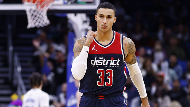 ORLANDO, FLORIDA - NOVEMBER 13: Kyle Kuzma #33 of the Washington Wizards celebrates a three pointer against the Orlando Magic during the second half at Amway Center on November 13, 2021 in Orlando, Florida.