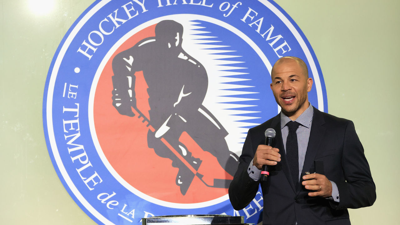 TORONTO, ONTARIO - NOVEMBER 12: Jerome Iginla takes part in a press opportunity prior to his induction into the Hockey Hall of Fame at the Hockey Hall Of Fame on November 12, 2021 in Toronto, Ontario, Canada.