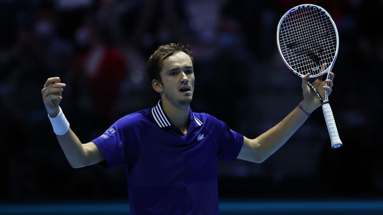 TURIN, ITALY - NOVEMBER 14: Daniil Medvedev of Russia celebrates a point during his match against Hubert Hurkacz of Poland on day one of the Nitto ATP Tour Finals at Pala Alpitour on November 14, 2021 in Turin.