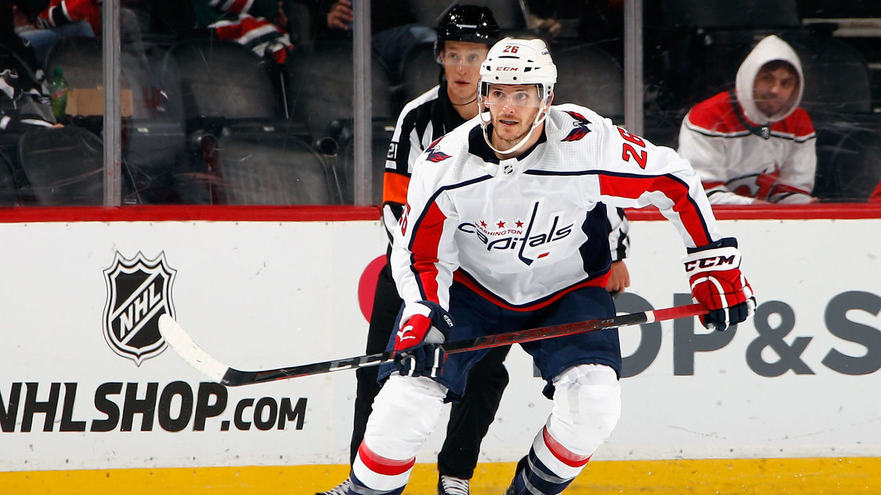 NEWARK, NEW JERSEY - OCTOBER 04: Nic Dowd #26 of the Washington Capitals skates against the New Jersey Devils in a preseason game at the Prudential Center on October 04, 2021 in Newark, New Jersey.