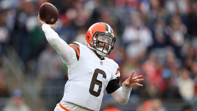 FOXBOROUGH, MASSACHUSETTS - NOVEMBER 14: Baker Mayfield #6 of the Cleveland Browns throws a pass against the New England Patriots during the third quarter at Gillette Stadium on November 14, 2021 in Foxborough, Massachusetts.