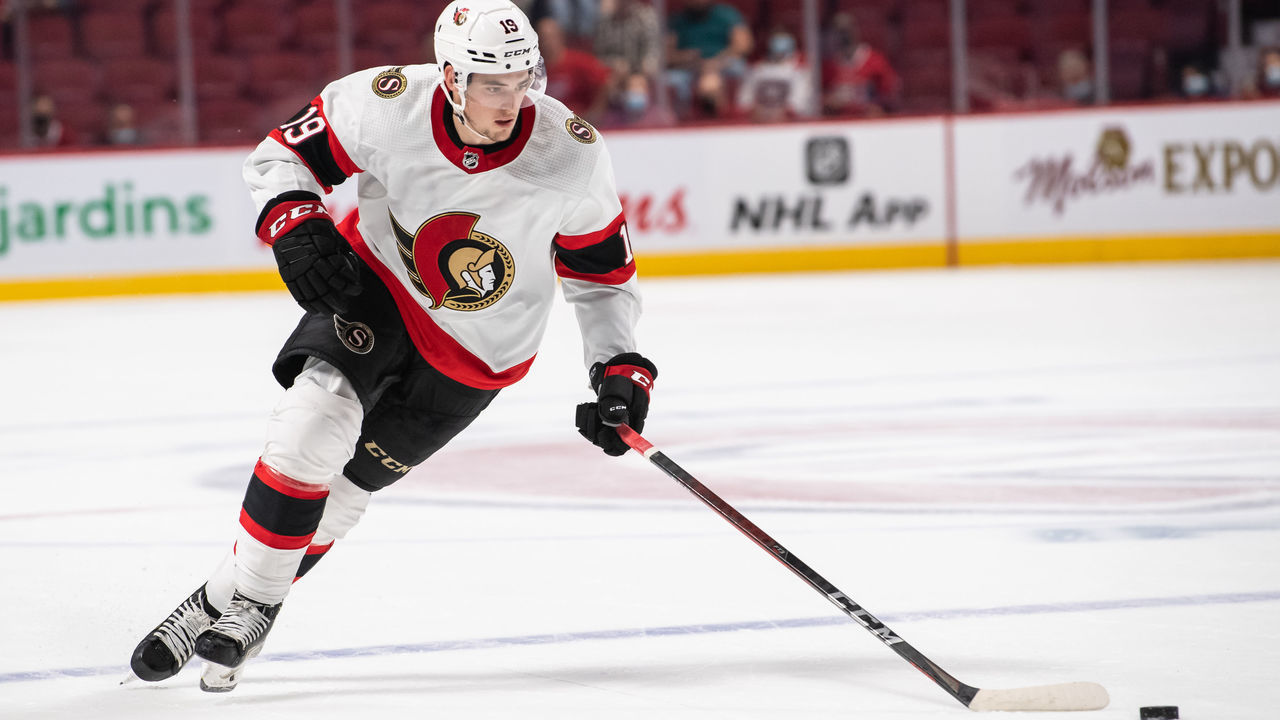 MONTREAL, QC - OCTOBER 07: Drake Batherson (19) of the Ottawa Senators skates with the puck during the shootout of the Pre-Season NHL game between the Ottawa Senators and the Montreal Canadiens on October 07, 2021, at the Bell Centre in Montreal, QC