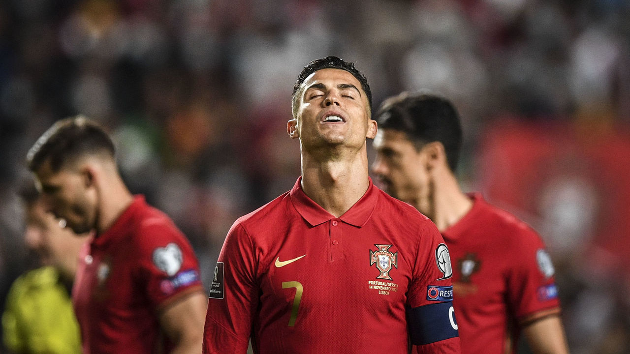 Portugal's forward Cristiano Ronaldo reacts during the FIFA World Cup Qatar 2022 qualification group A football match between Portugal and Serbia, at the Luz stadium in Lisbon, on November 14, 2021.