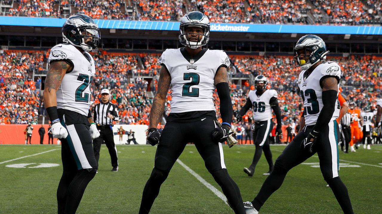 DENVER, COLORADO - NOVEMBER 14: Darius Slay #2 of the Philadelphia Eagles celebrates a tackle for a loss during the first quarter against the Denver Broncos at Empower Field At Mile High on November 14, 2021 in Denver, Colorado.