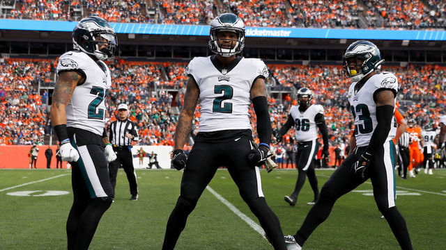 DENVER, COLORADO - NOVEMBER 14: Darius Slay #2 of the Philadelphia Eagles celebrates a tackle for a loss during the first quarter against the Denver Broncos at Empower Field At Mile High on November 14, 2021 in Denver, Colorado.