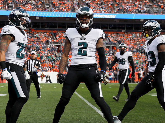 DENVER, COLORADO - NOVEMBER 14: Darius Slay #2 of the Philadelphia Eagles celebrates a tackle for a loss during the first quarter against the Denver Broncos at Empower Field At Mile High on November 14, 2021 in Denver, Colorado.