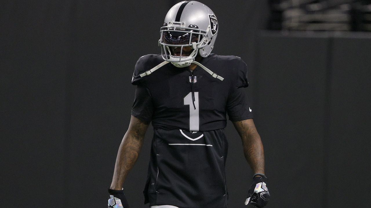 LAS VEGAS, NEVADA - NOVEMBER 14: DeSean Jackson #1 of the Las Vegas Raiders looks on before the game against the Kansas City Chiefs at Allegiant Stadium on November 14, 2021 in Las Vegas, Nevada.