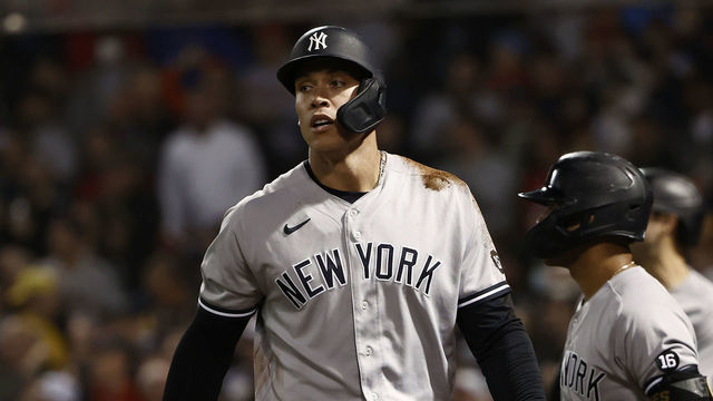 BOSTON, MA - OCTOBER 5: Aaron Judge #99 of the New York Yankees during the AL Wild Card playoff game against the Boston Red Sox at Fenway Park on October 6, 2021 in Boston, Massachusetts.