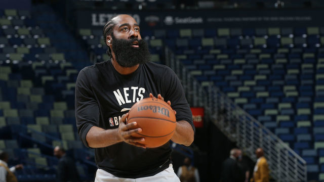NEW ORLEANS, LA - NOVEMBER 12: James Harden #13 of the Brooklyn Nets shoots the ball during pregame before the game against the New Orleans Pelicans on November 12, 2021 at the Smoothie King Center in New Orleans, Louisiana. Mandatory Copyright Notice: Copyright 2021 NBAE