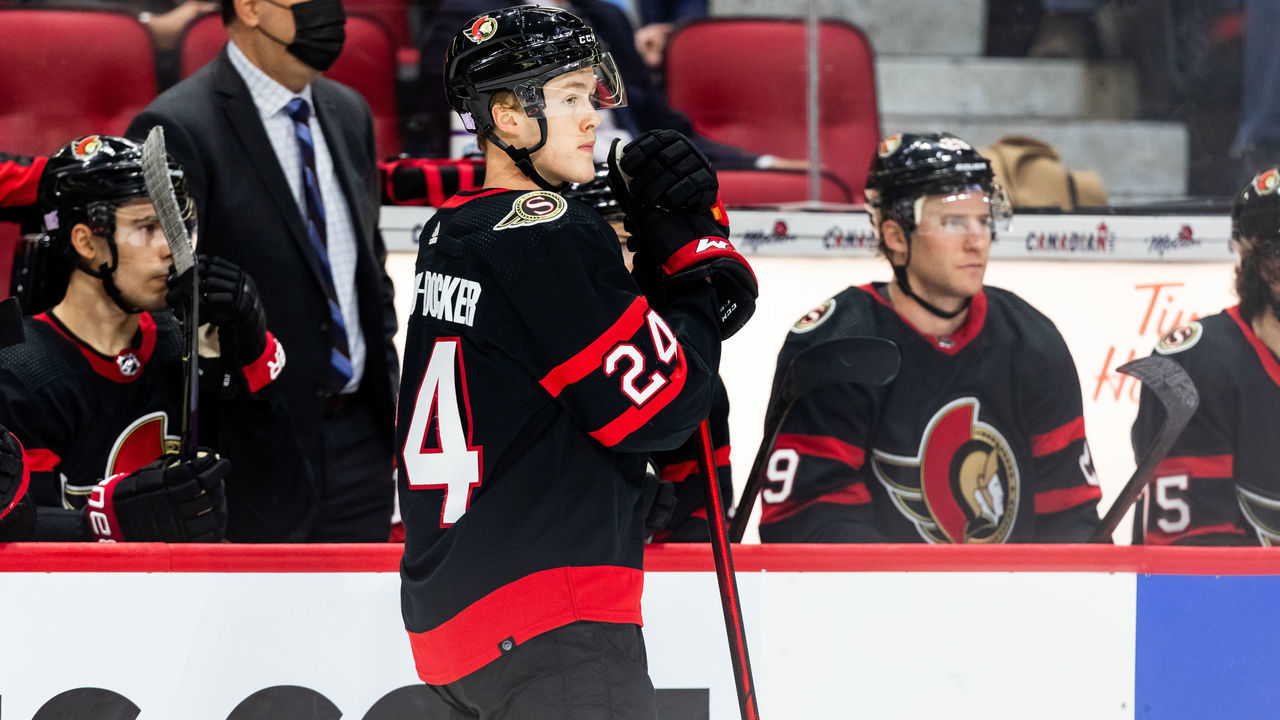 OTTAWA, ON - NOVEMBER 13: Ottawa Senators Defenceman Jacob Bernard-Docker (24) waits by the bench after a whistle during third period National Hockey League action between the Pittsburgh Penguins and Ottawa Senators on November 13, 2021, at Canadian Tire Centre in Ottawa, ON, Canada.