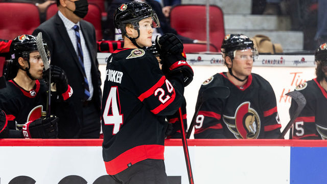 OTTAWA, ON - NOVEMBER 13: Ottawa Senators Defenceman Jacob Bernard-Docker (24) waits by the bench after a whistle during third period National Hockey League action between the Pittsburgh Penguins and Ottawa Senators on November 13, 2021, at Canadian Tire Centre in Ottawa, ON, Canada.