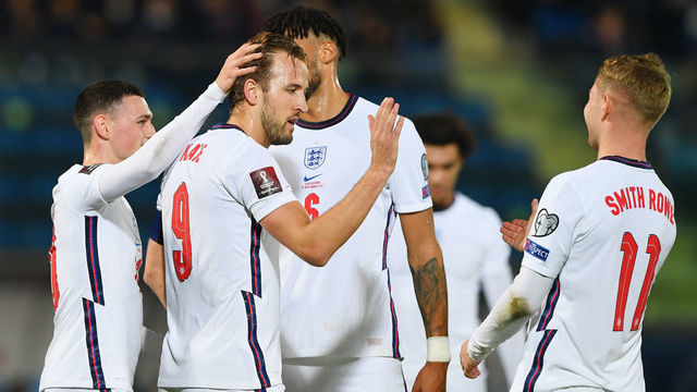 SERRAVALLE, SAN MARINO - NOVEMBER 15: Harry Kane of England celebrates with Emile Smith Rowe after scoring their team's sixth goal during the 2022 FIFA World Cup Qualifier match between San Marino and England at San Marino Stadium on November 15, 2021 in Serravalle, San Marino.