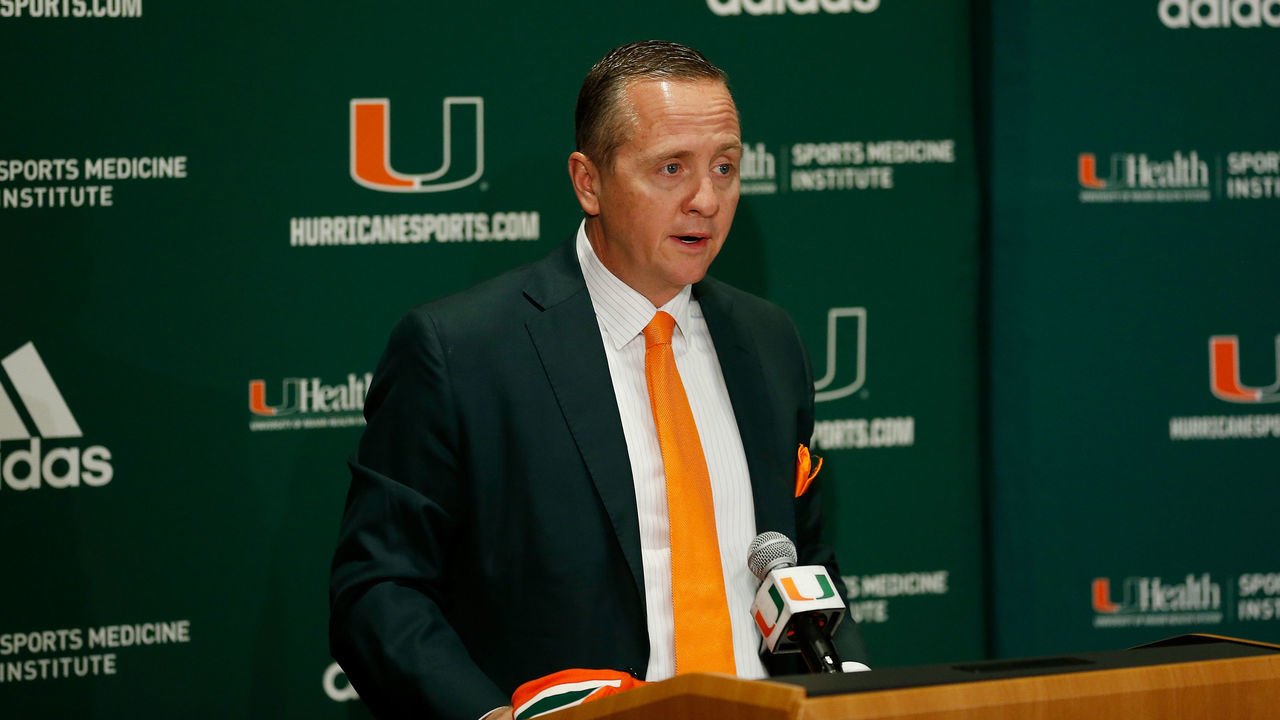 CORAL GABLES, FL - JANUARY 02: Athletic Director Blake James of the Miami Hurricanes addresses the media during the introductory press conference for head coach Manny Diaz in the Mann Auditorium at the Schwartz Center on January 2, 2019 in Coral Gables, Florida.