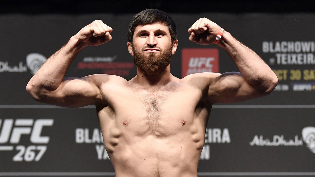 ABU DHABI, UNITED ARAB EMIRATES - OCTOBER 29: Magomed Ankalaev of Russia poses on the scale during the UFC 267 ceremonial weigh-in at Etihad Arena on October 29, 2021 in Yas Island, Abu Dhabi, United Arab Emirates.