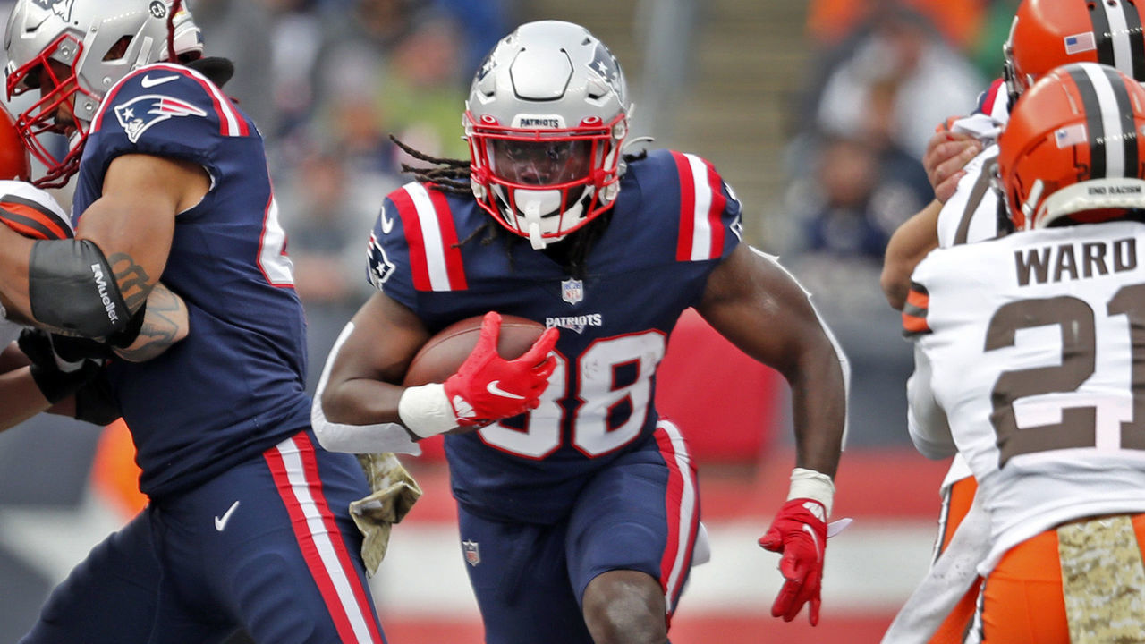 Foxborough, MA - November 14: New England Patriots running back Rhamondre Stevenson (38) has plenty of daylight as he picks up some first quarter yardage. The New England Patriots host the Cleveland Browns in an NFL game at Gillette Stadium in Foxborough, MA on Nov. 14, 2021.