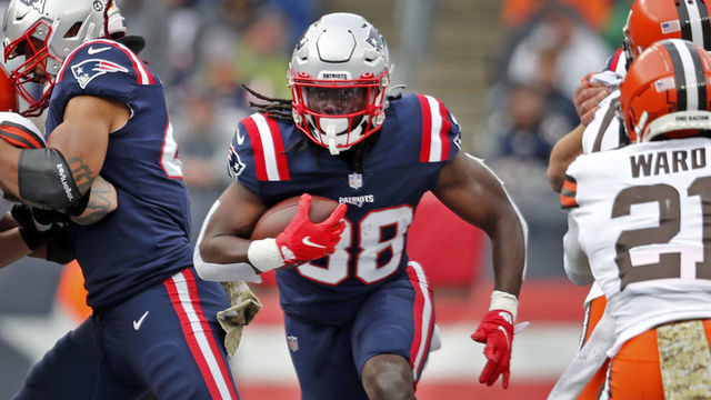 Foxborough, MA - November 14: New England Patriots running back Rhamondre Stevenson (38) has plenty of daylight as he picks up some first quarter yardage. The New England Patriots host the Cleveland Browns in an NFL game at Gillette Stadium in Foxborough, MA on Nov. 14, 2021.