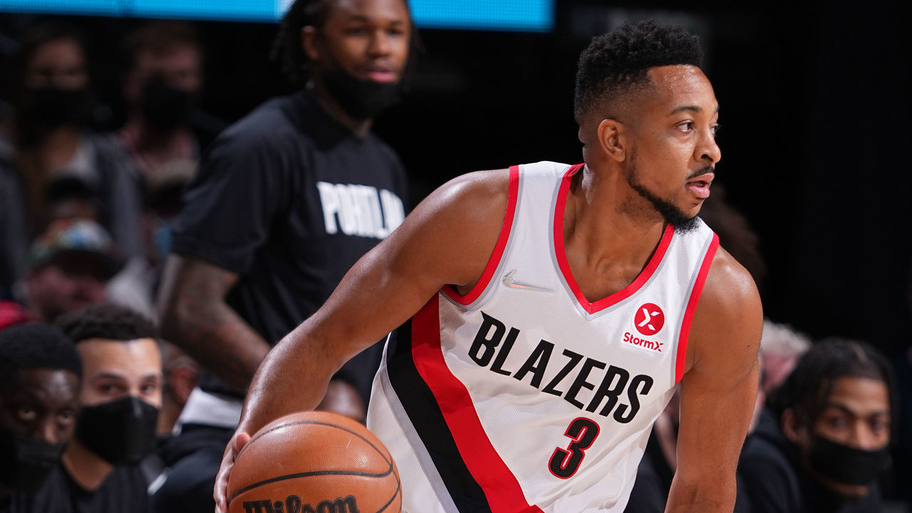 DENVER, CO - NOVEMBER 14: CJ McCollum #3 of the Portland Trail Blazers handles the ball against the Denver Nuggets on November 14, 2021 at the Ball Arena in Denver, Colorado. NOTE TO USER: User expressly acknowledges and agrees that, by downloading and/or using this Photograph, user is consenting to the terms and conditions of the Getty Images License Agreement. Mandatory Copyright Notice: Copyright 2021 NBAE