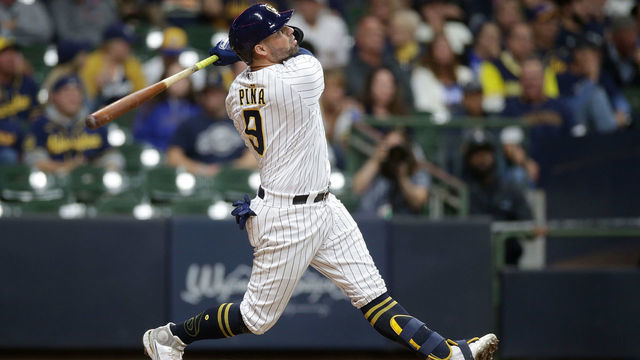 MILWAUKEE, WISCONSIN - SEPTEMBER 25: Manny Pina #9 of the Milwaukee Brewers up to bat against the New York Mets at American Family Field on September 25, 2021 in Milwaukee, Wisconsin. Brewers defeated the Mets 2-1.