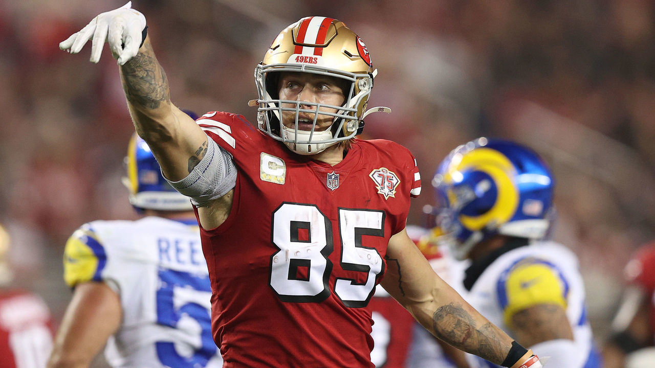 SANTA CLARA, CALIFORNIA - NOVEMBER 15: George Kittle #85 of the San Francisco 49ers reacts during the first half against the Los Angeles Rams at Levi's Stadium on November 15, 2021 in Santa Clara, California.