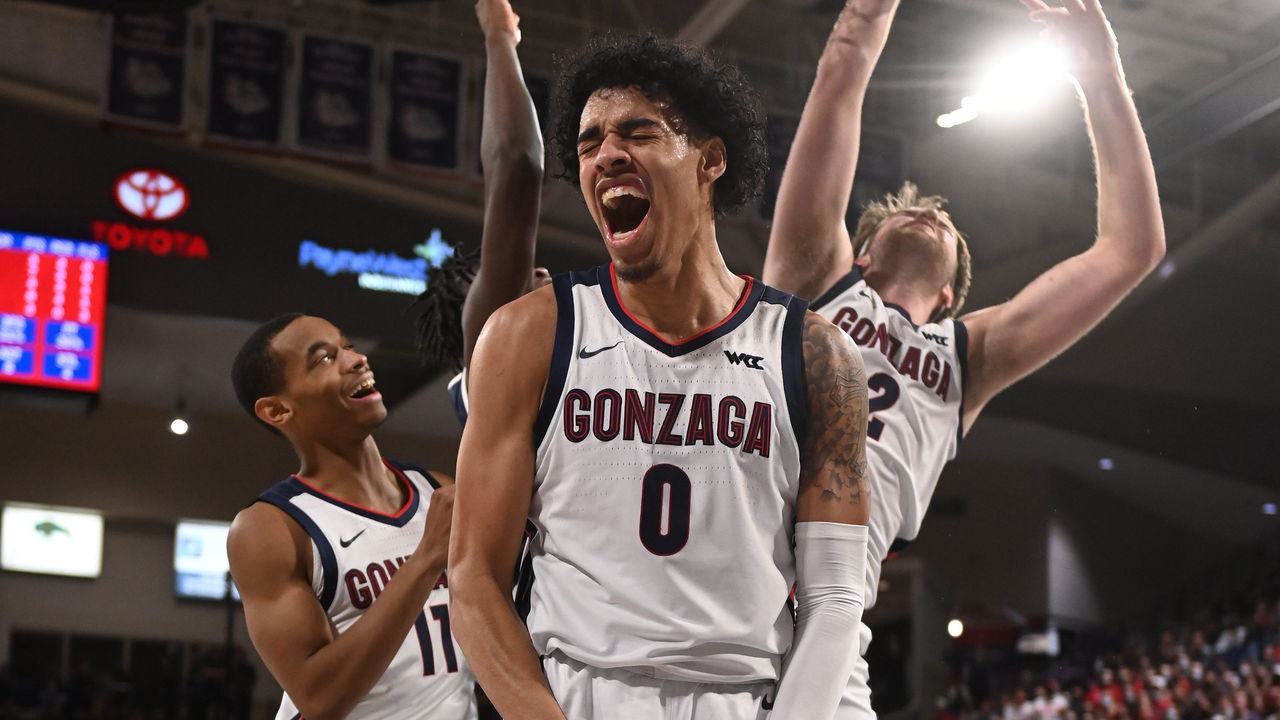 SPOKANE, WA - NOVEMBER 09: Julian Strawther #0 of the Gonzaga Bulldogs reacts after missing a layup but being fouled against Dixie State Trailblazers at McCarthey Athletic Center on November 9, 2021 in Spokane, Washington.
