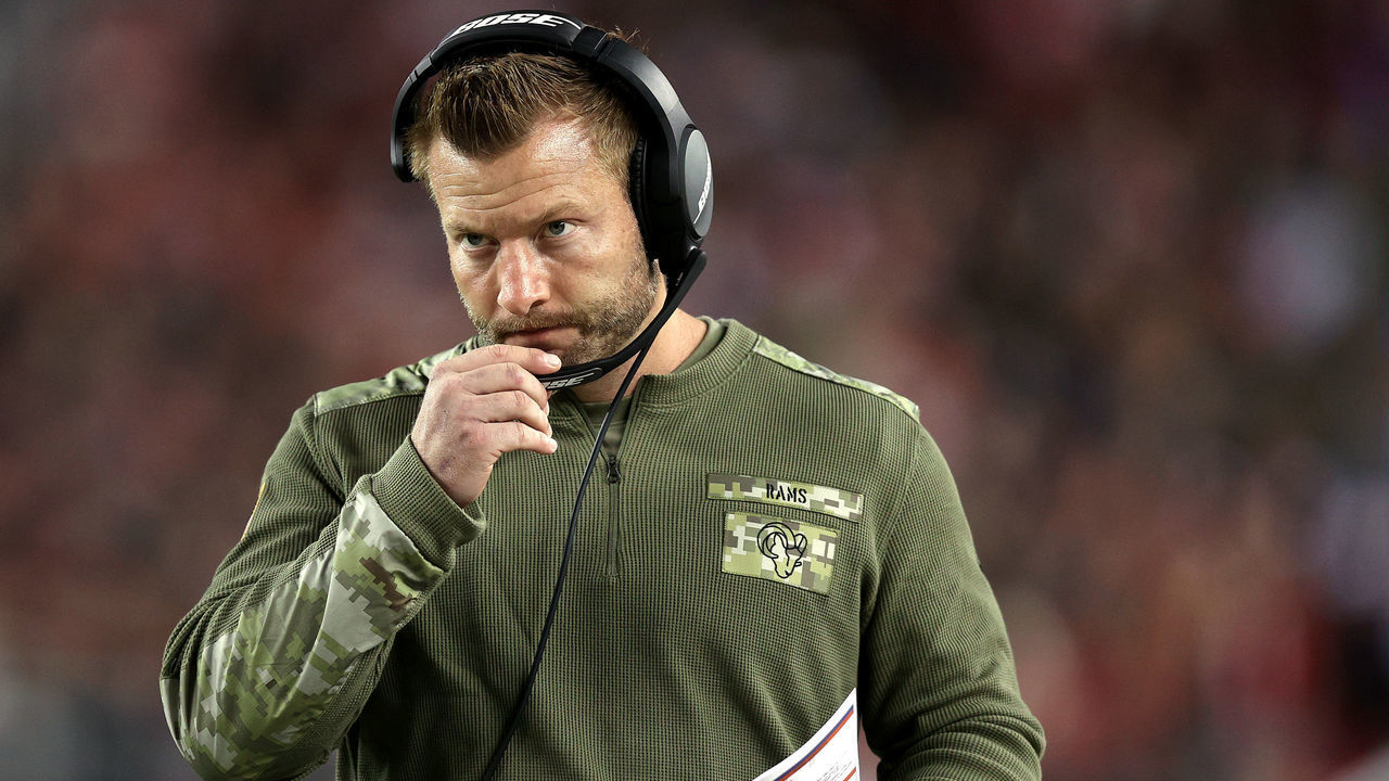 SANTA CLARA, CALIFORNIA - NOVEMBER 15: Head Coach Sean McVay of the Los Angeles Rams looks on in the second half of the game against the San Francisco 49ers at Levi's Stadium on November 15, 2021 in Santa Clara, California.