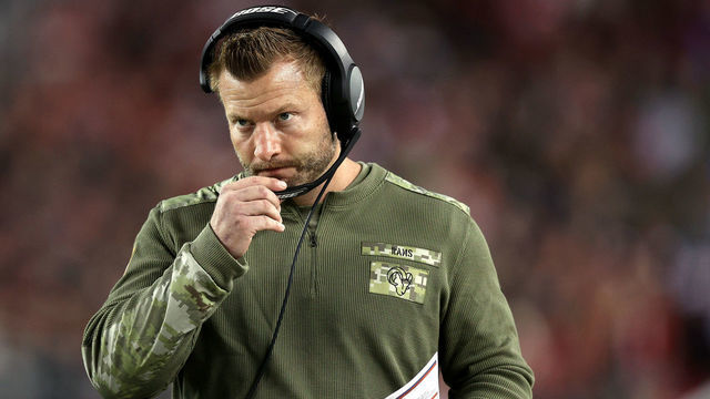 SANTA CLARA, CALIFORNIA - NOVEMBER 15: Head Coach Sean McVay of the Los Angeles Rams looks on in the second half of the game against the San Francisco 49ers at Levi's Stadium on November 15, 2021 in Santa Clara, California.