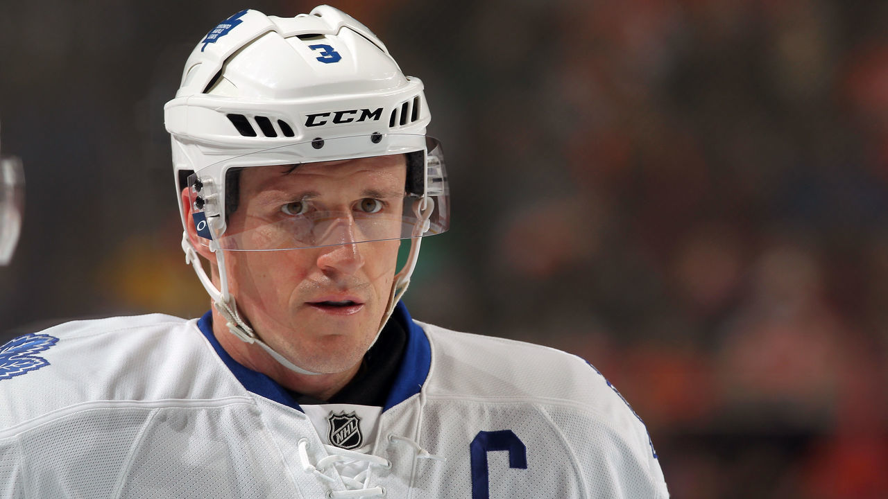 PHILADELPHIA, PA - JANUARY 19: Dion Phaneuf #3 of the Toronto Maple Leafs looks on against the Philadelphia Flyers on January 19, 2016 at the Wells Fargo Center in Philadelphia, Pennsylvania.