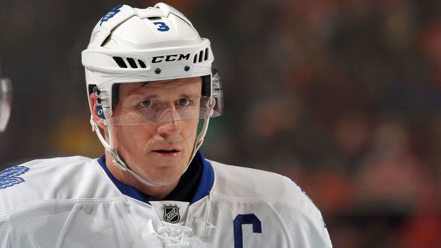 PHILADELPHIA, PA - JANUARY 19: Dion Phaneuf #3 of the Toronto Maple Leafs looks on against the Philadelphia Flyers on January 19, 2016 at the Wells Fargo Center in Philadelphia, Pennsylvania.