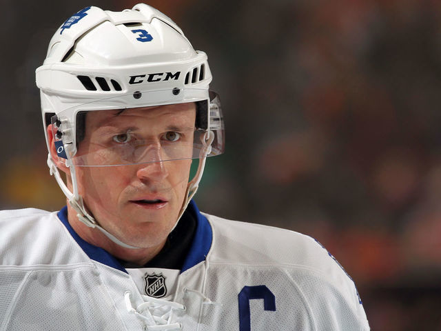 PHILADELPHIA, PA - JANUARY 19: Dion Phaneuf #3 of the Toronto Maple Leafs looks on against the Philadelphia Flyers on January 19, 2016 at the Wells Fargo Center in Philadelphia, Pennsylvania.