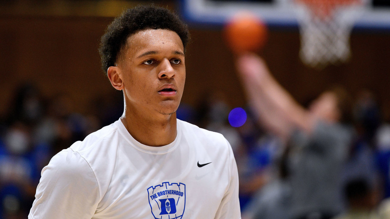 DURHAM, NC - NOVEMBER 12: Paolo Banchero #5 of the Duke Blue Devils warms up prior to their game against the Army Black Knights at Cameron Indoor Stadium on November 12, 2021 in Durham, North Carolina.