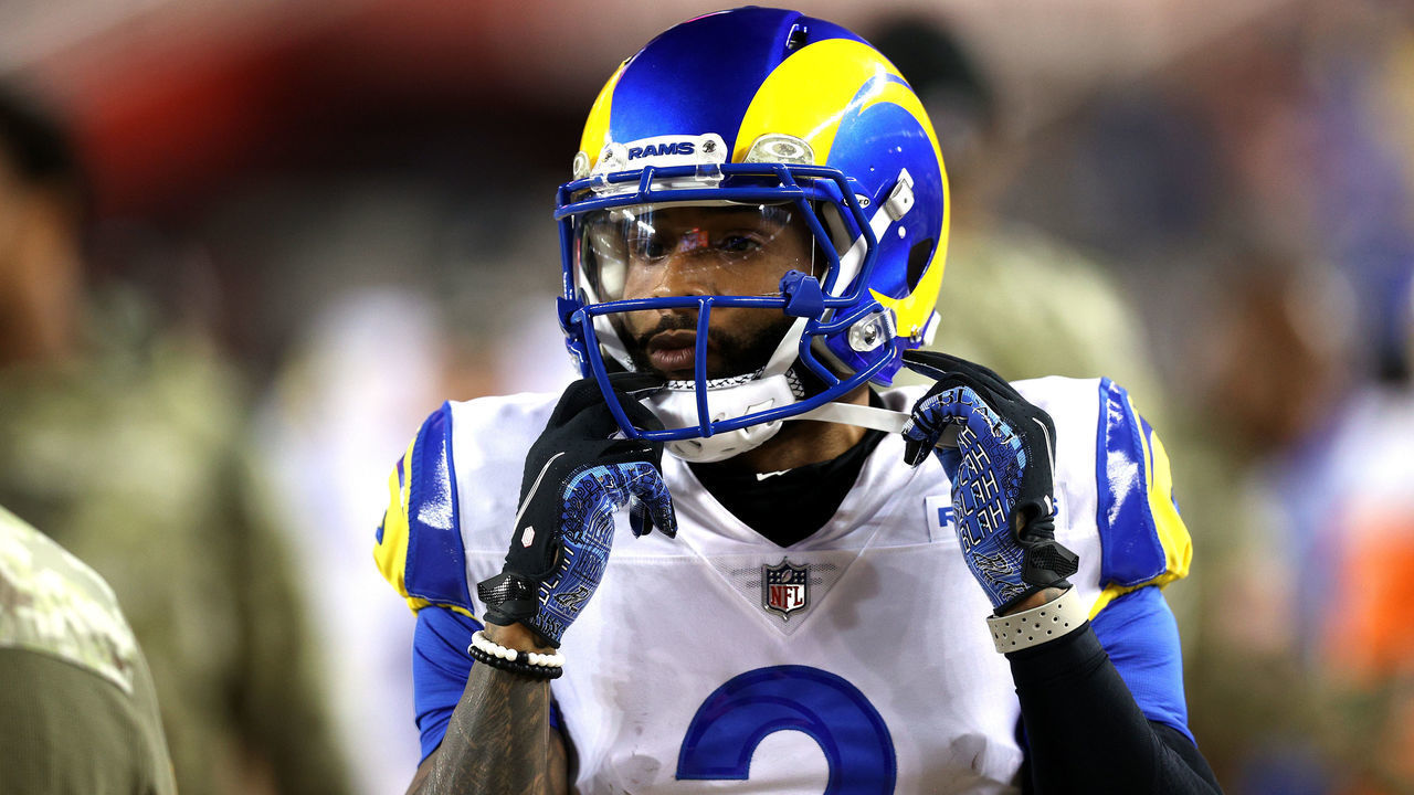 SANTA CLARA, CALIFORNIA - NOVEMBER 15: Odell Beckham Jr. #3 of the Los Angeles Rams prepares to go onto the field during the second half in the game against the San Francisco 49ers at Levi's Stadium on November 15, 2021 in Santa Clara, California.